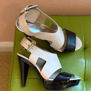 Michael Kors Two-Tone White and Black Leather Open-Toe Heels